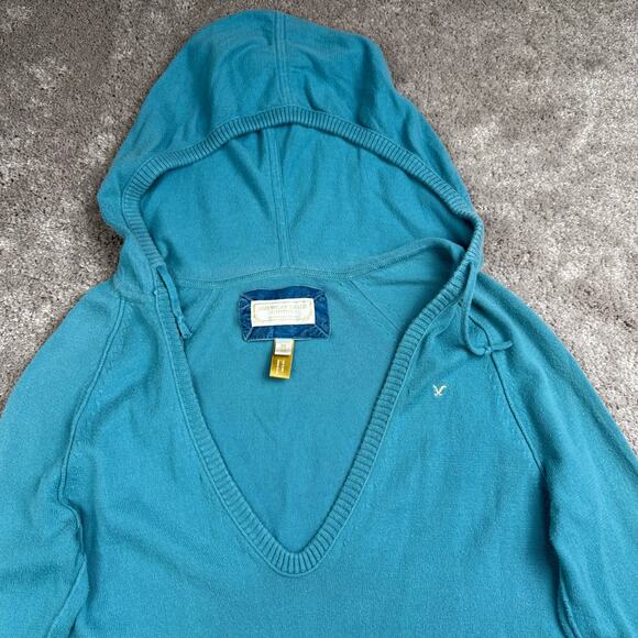 American Eagle Hoodie Sweater V Neck Teal Blue Size M y2k 2000s - Picture 2 of 4